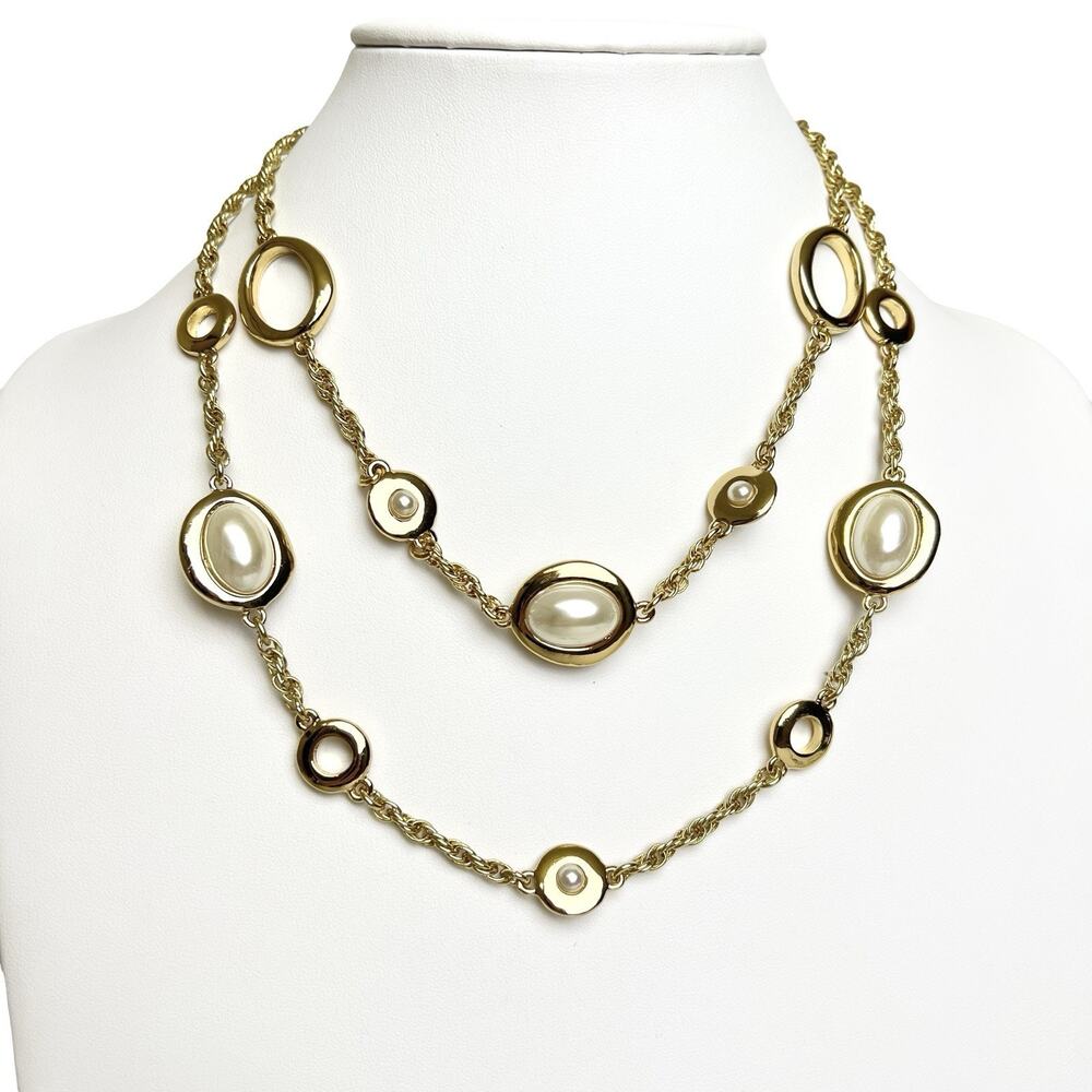 Talbots Gold Tone Layered Necklace Imitation Pearl Station Retro Glam Old Money
